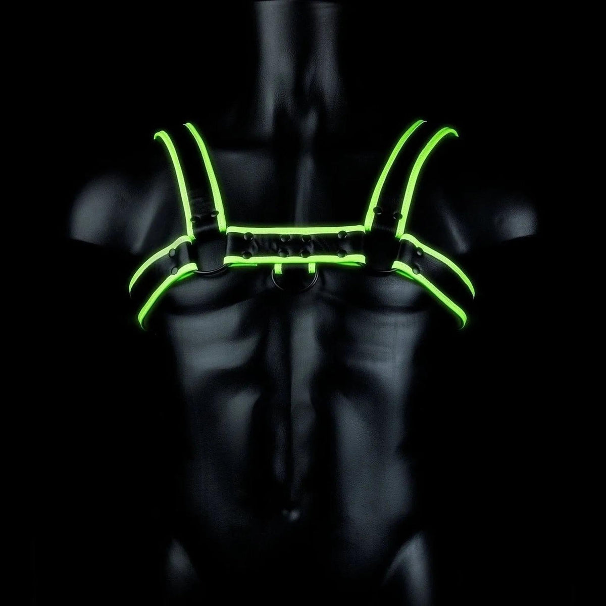 Harness Bulldog effetto glow in the dark verde fluorescente su manichino nero