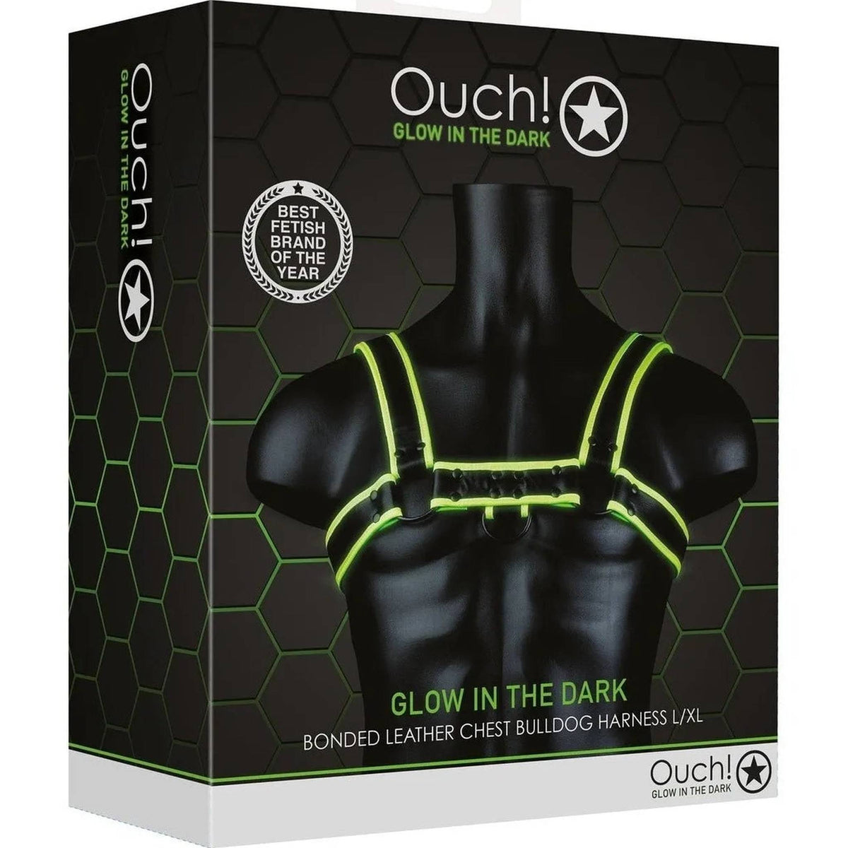 Scatola prodotto Ouch! Harness Bulldog Glow in the Dark pelle legata taglia L/XL