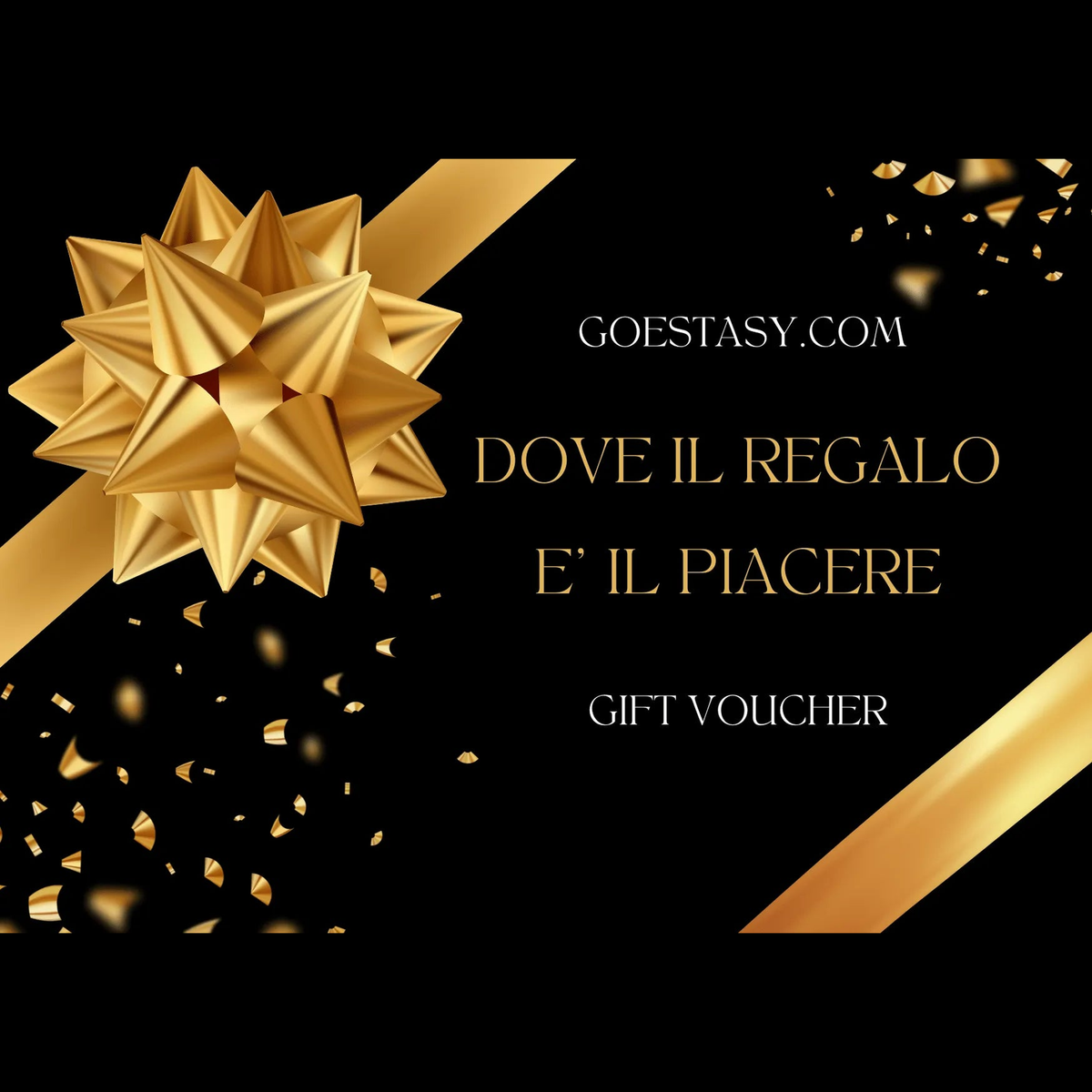 Buono regalo GoEstasy nero con fiocco dorato a stella e testo 'Dove il regalo è il piacere'