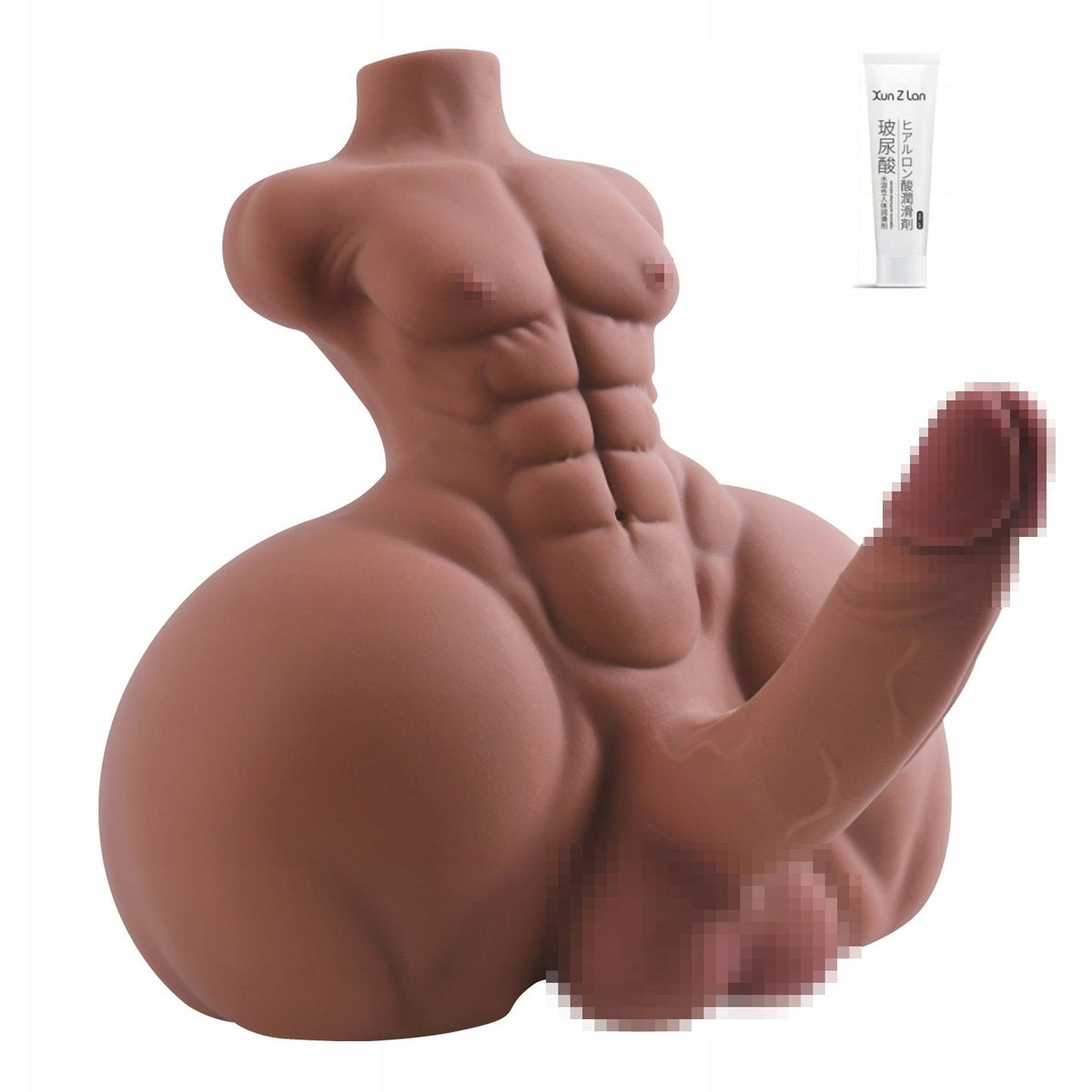 Busto mezzo donna pelle chiara con seno e lubrificante acido ialuronico Xun Z Lan sfondo bianco