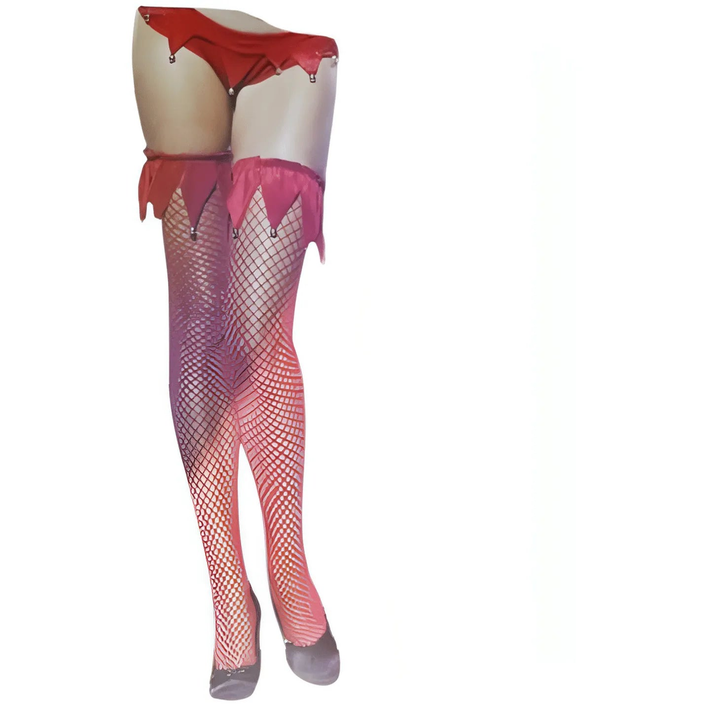Calze a rete rosse per gambe intere con balza in velluto a punte e campanelli metallici