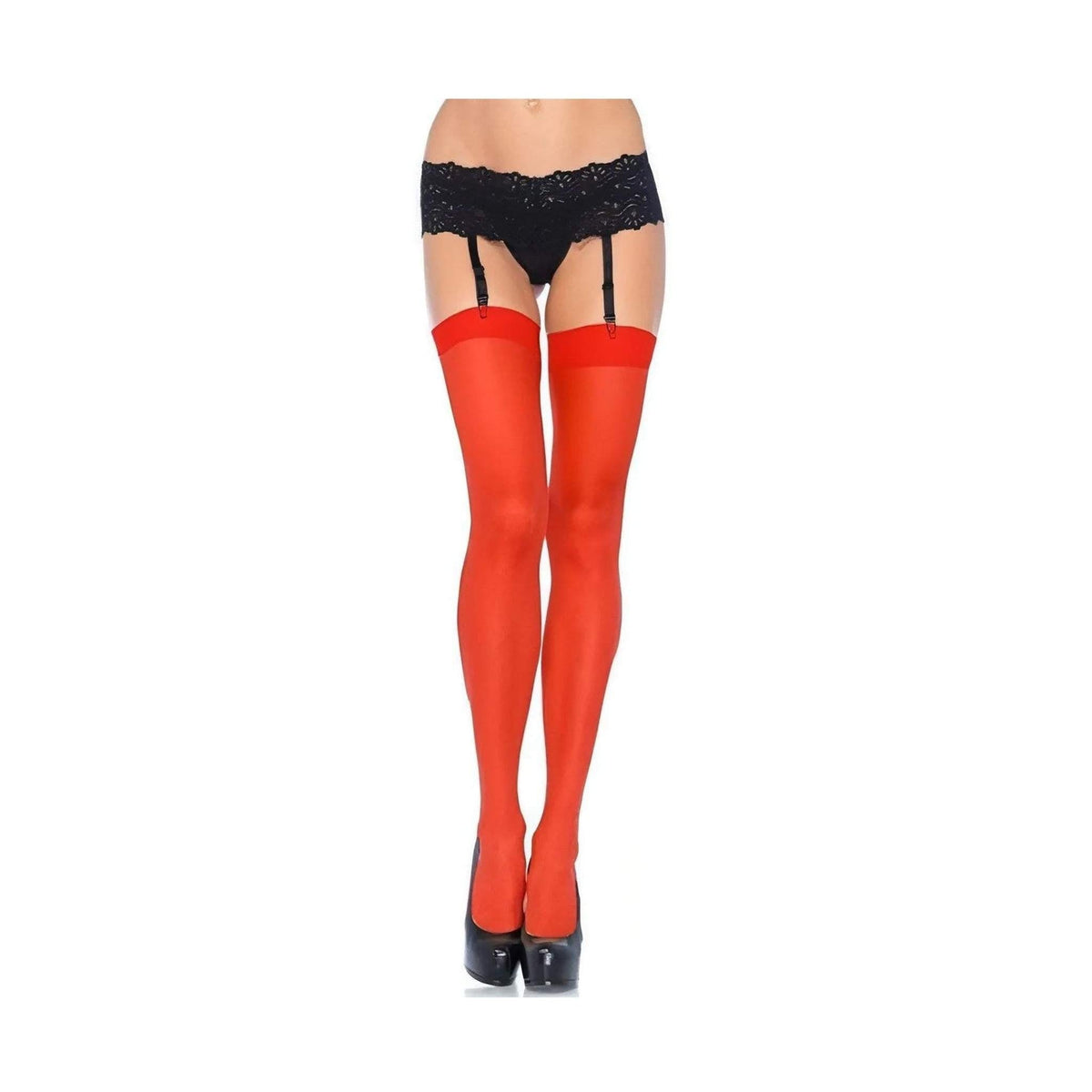Calze rosse velate con balza in pizzo nero, stile lingerie