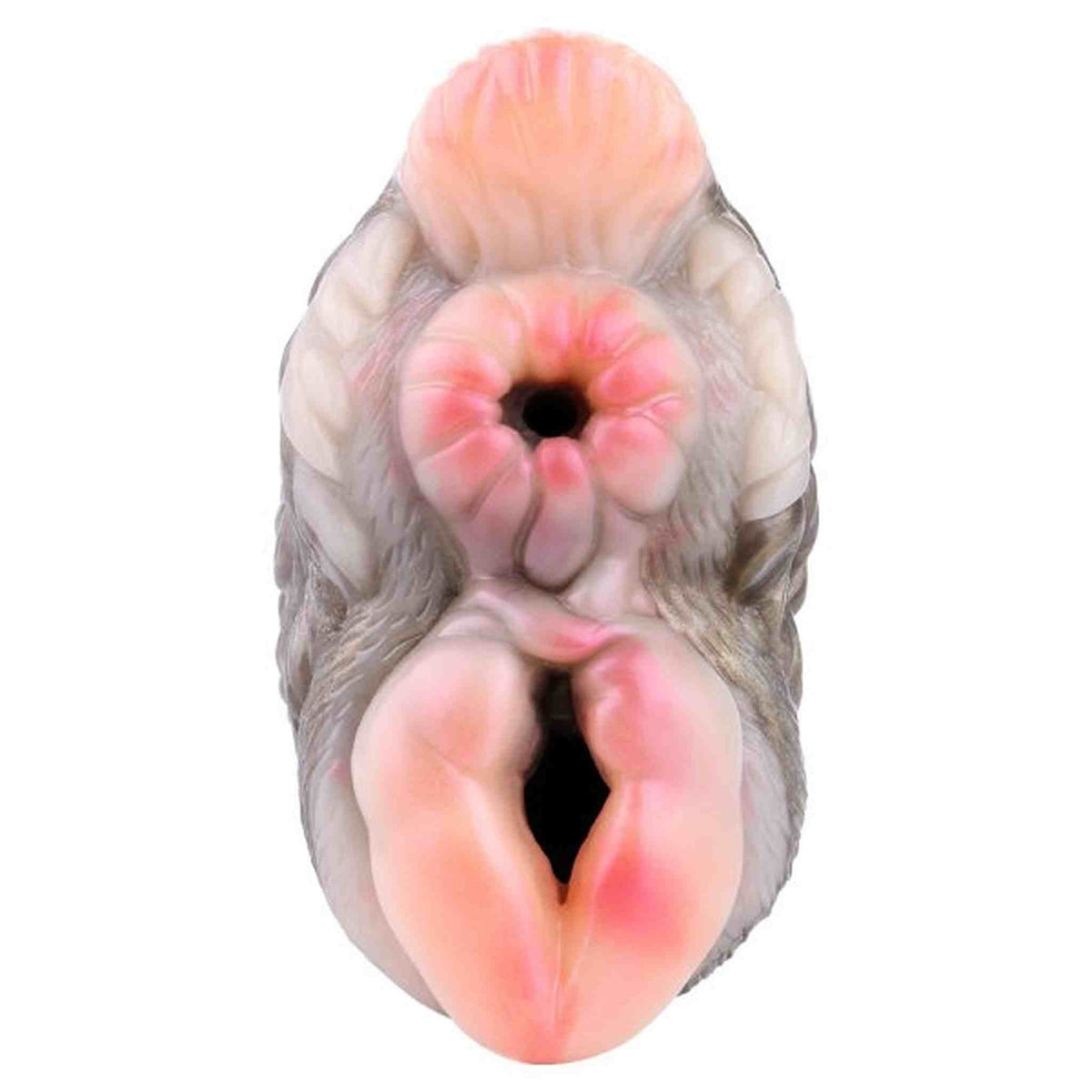 Dettaglio frontale aperture circolari e fessurate masturbatore silicone cammello