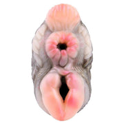 Dettaglio frontale aperture circolari e fessurate masturbatore silicone cammello