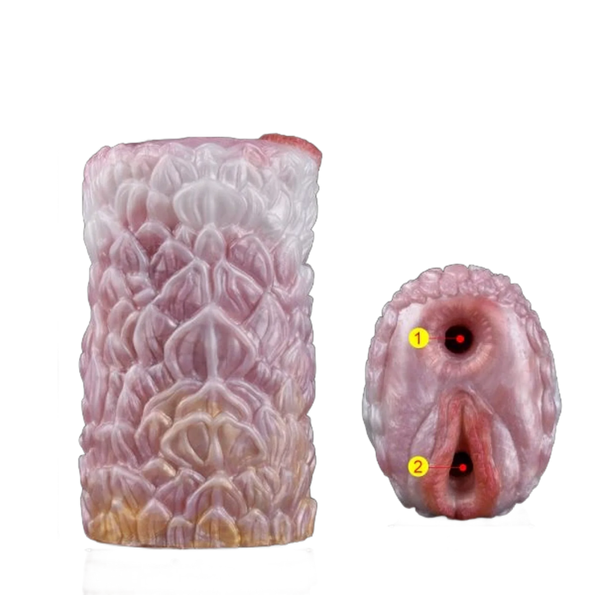 Guida visiva dildo Camellia con due aperture superiori e inferiori etichettate