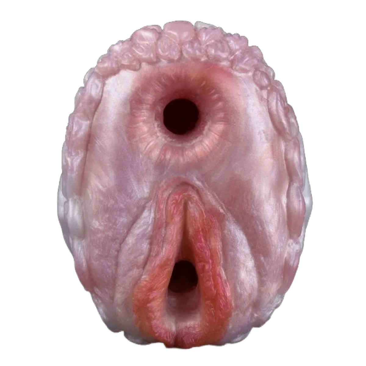 Dildo in silicone liquido rosa pallido con texture a petali e doppie aperture modellate