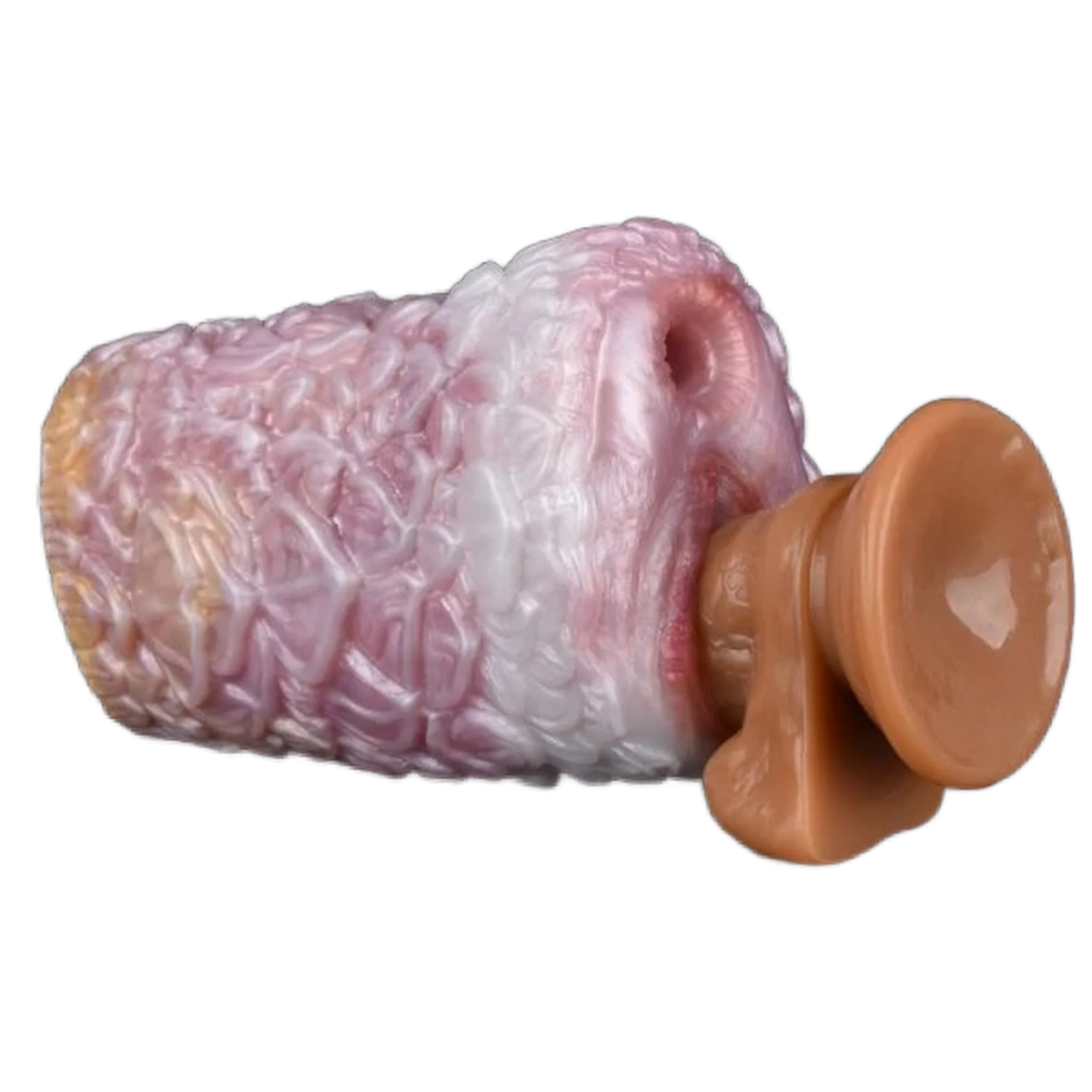 Dildo in silicone liquido rosa bianco arancione con texture a petali e base ventosa