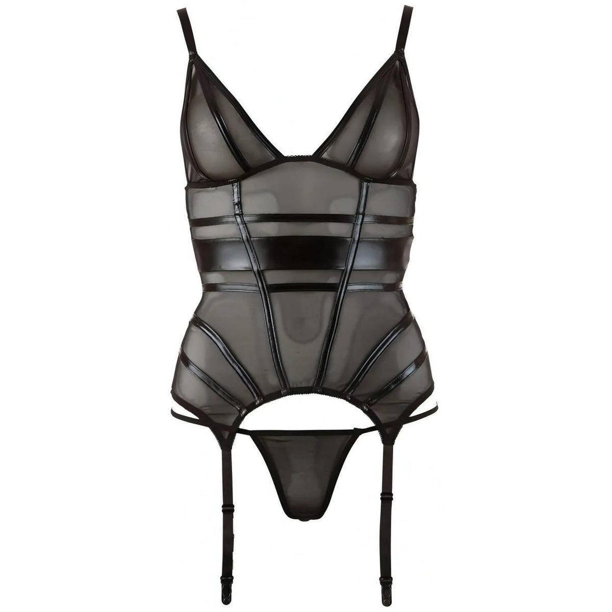 Set lingerie nero corsetto trasparente balconcino e cinghie calze