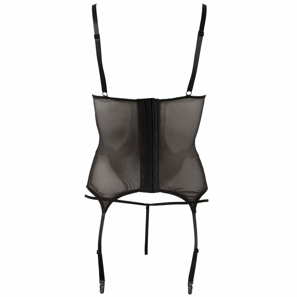 Vista posteriore set lingerie nero corsetto trasparente chiusura centrale