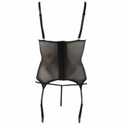 Vista posteriore set lingerie nero corsetto trasparente chiusura centrale