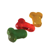 Caramelle gommose frutta a forma fallica verde rossa e gialla su sfondo bianco