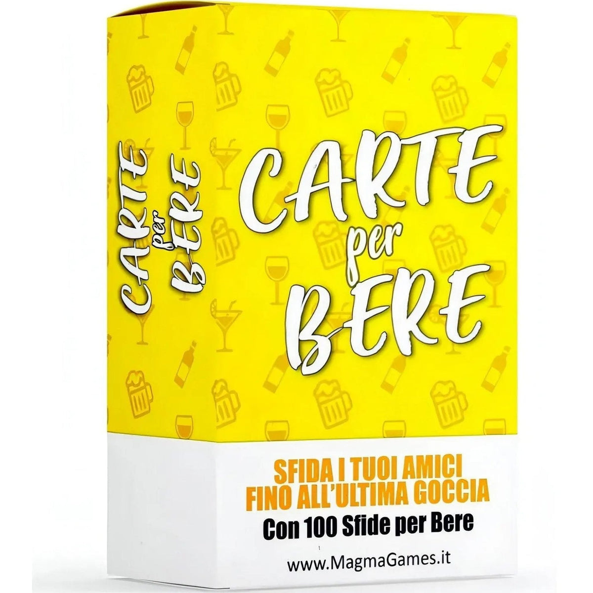 Scatola gioco Carte per Bere Drunky Party con 100 sfide divertenti e design giallo