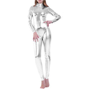 Catsuit argento metallizzato a maniche lunghe con collo alto e tessuto lucido