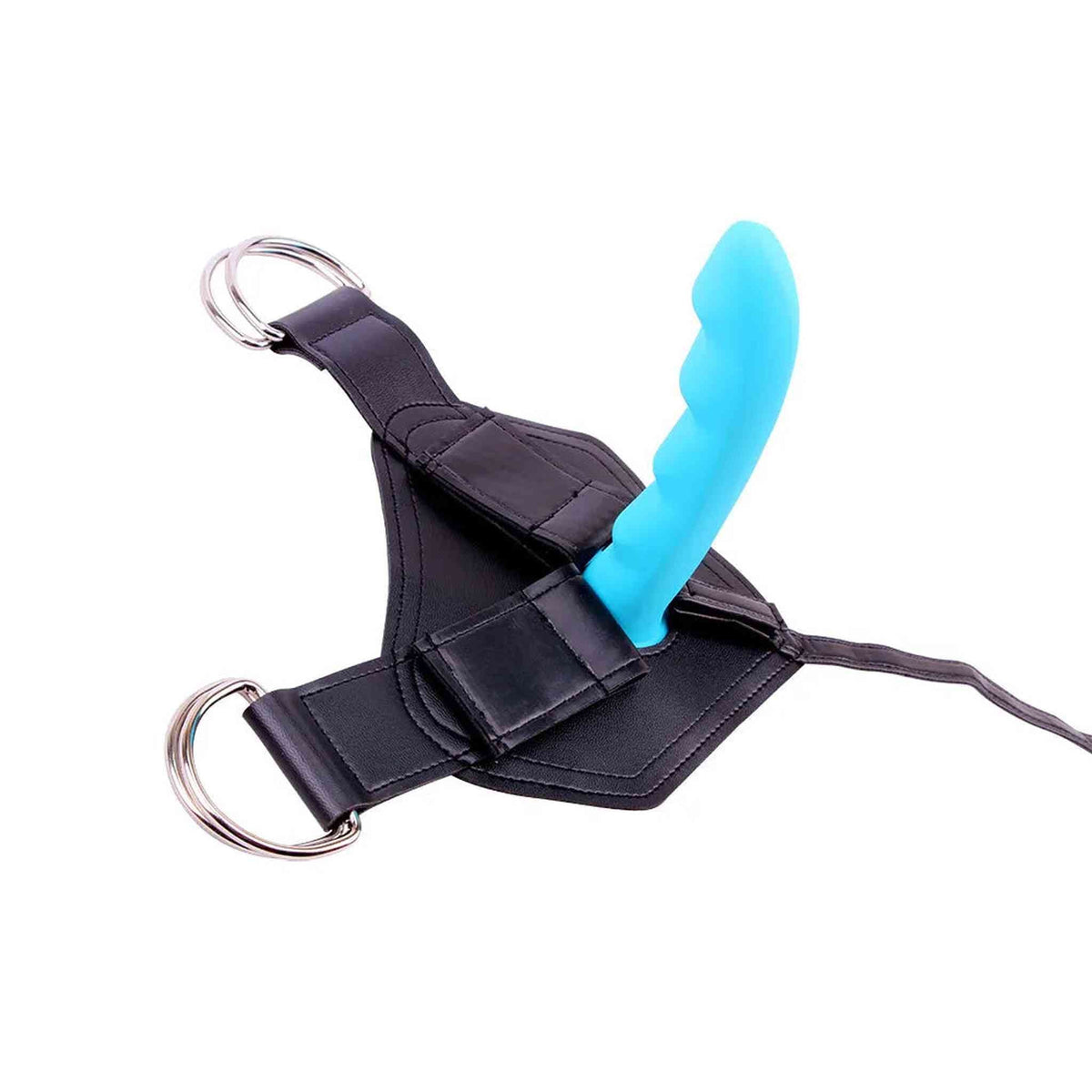 Strapon nero in similpelle con fibbie e vibratore azzurro ondulato
