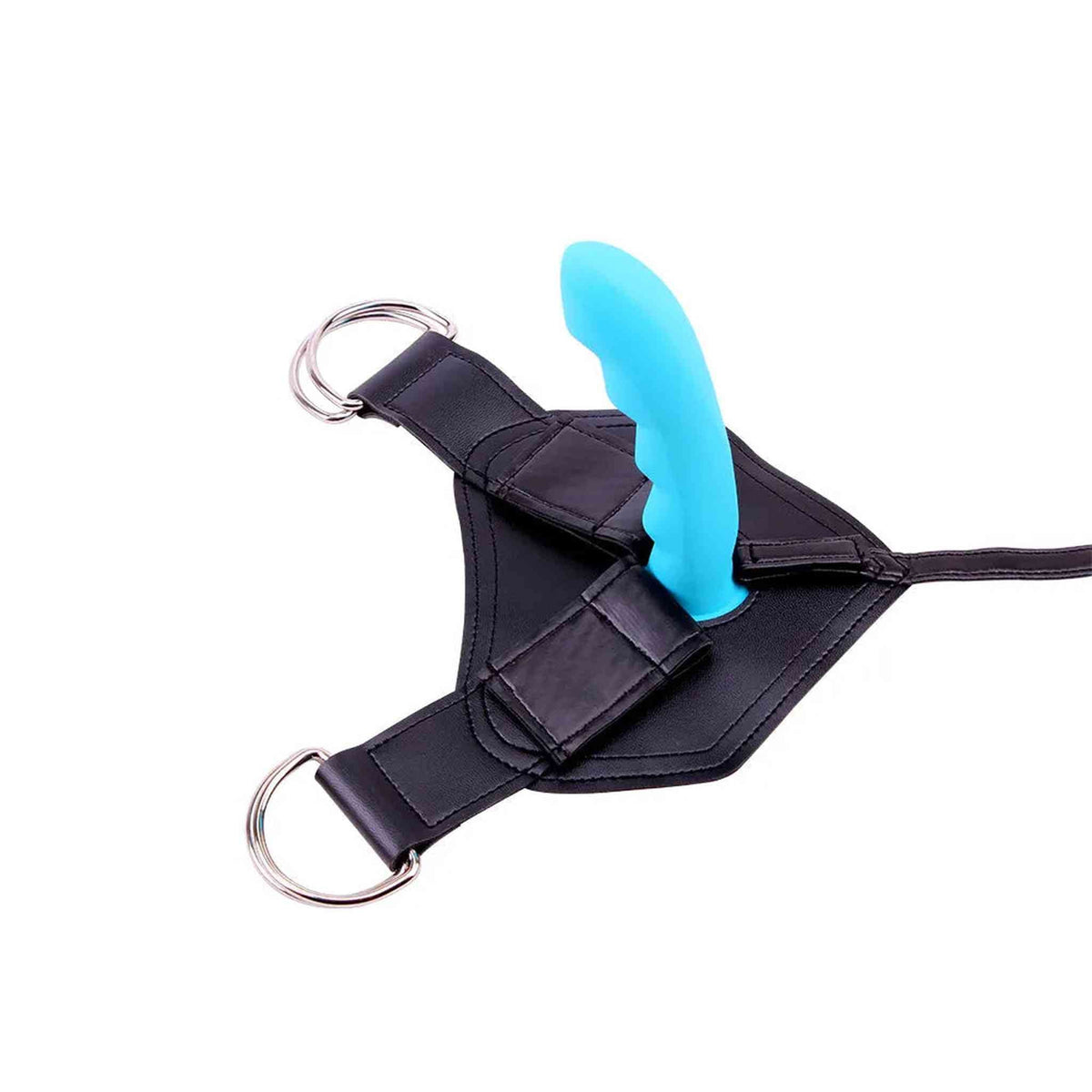 Vista dall'alto harness nero con anelli metallici e vibratore azzurro curvo