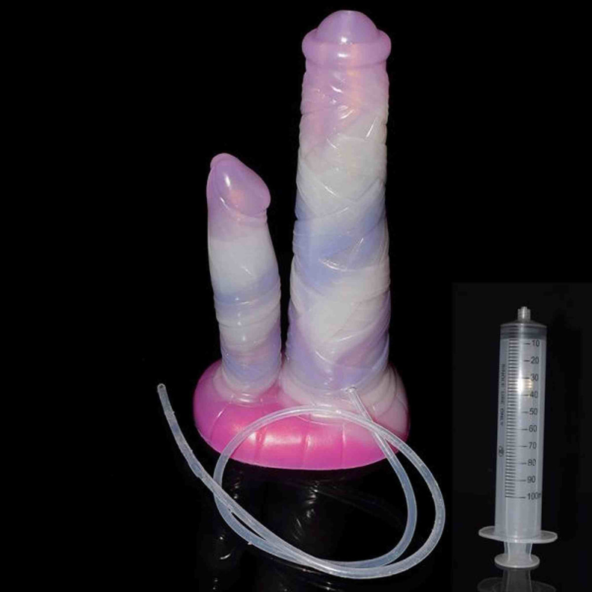 Dildo Centaur silicone lucido rosa bianco viola con tubo e siringa 100ml