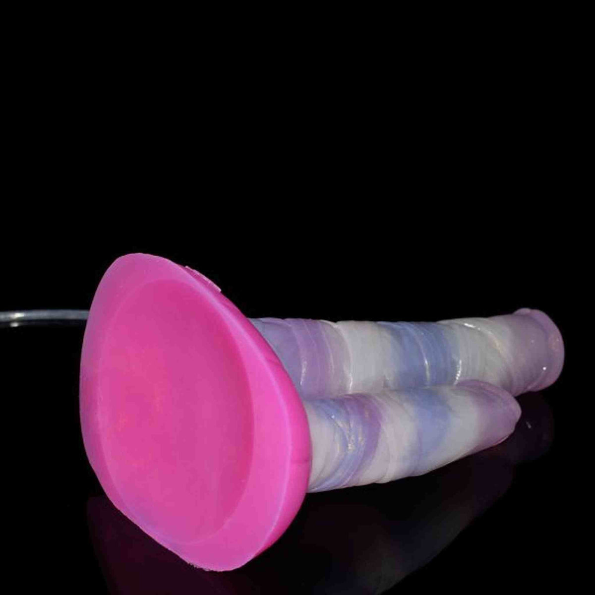 Vista laterale dildo Centaur silicone lucido rosa bianco viola base circolare