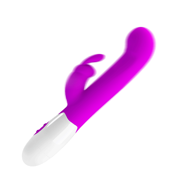 Vibratore rabbit in silicone viola opaco con base bianca curva
