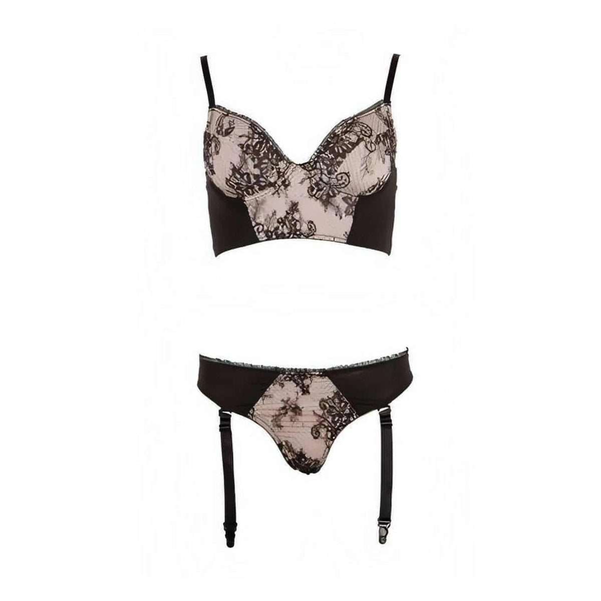 Vista frontale completo intimo nero pizzo floreale slip thong e reggicalze