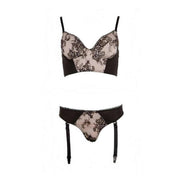 Vista frontale completo intimo nero pizzo floreale slip thong e reggicalze