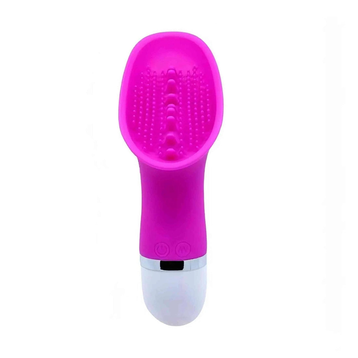 Vibratore rosa silicone frontale testa ovale con protuberanze e manico liscio