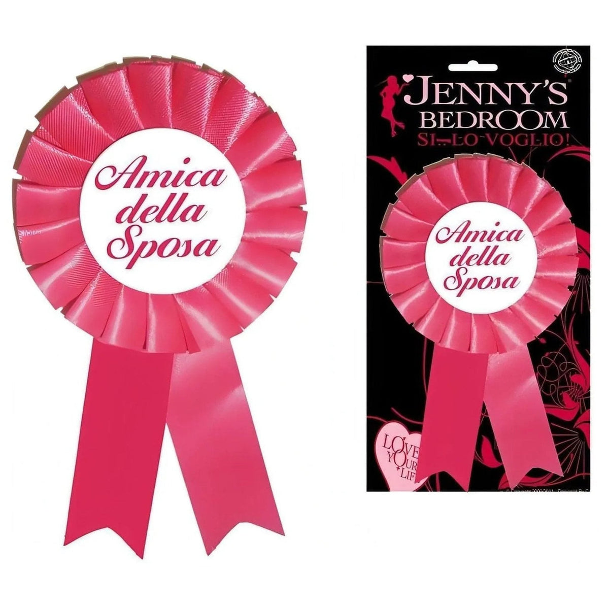 Spilla coccarda rossa Amica della Sposa con nastro lucido e packaging Jenny's Bedroom