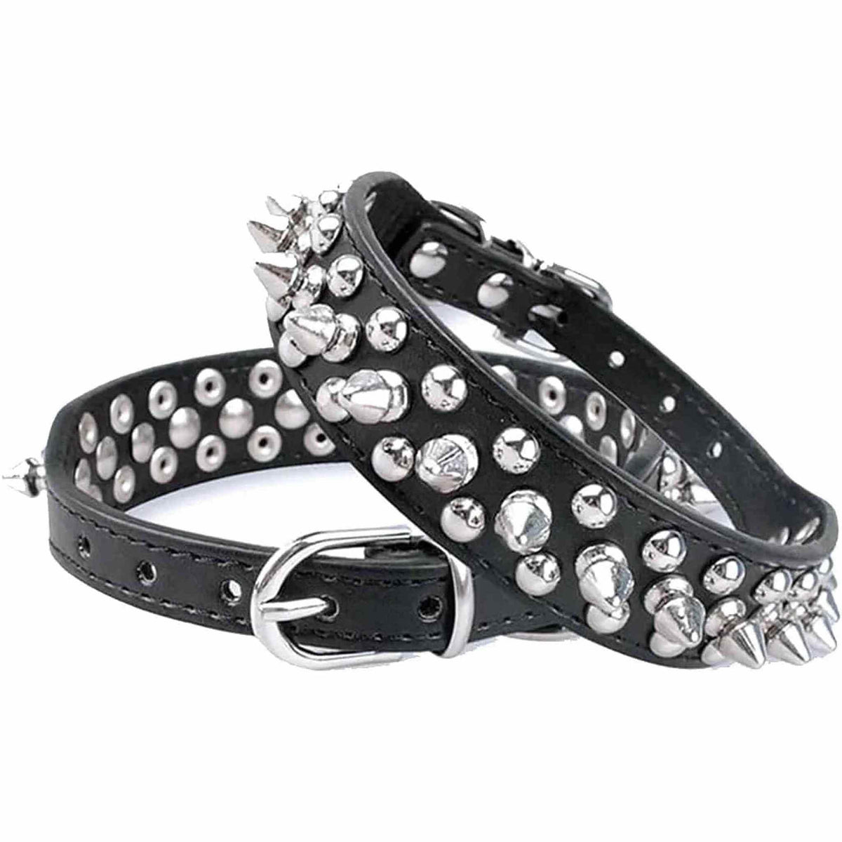 Collare nero in ecopelle con borchie argentate, cinghie regolabili – 38 cm