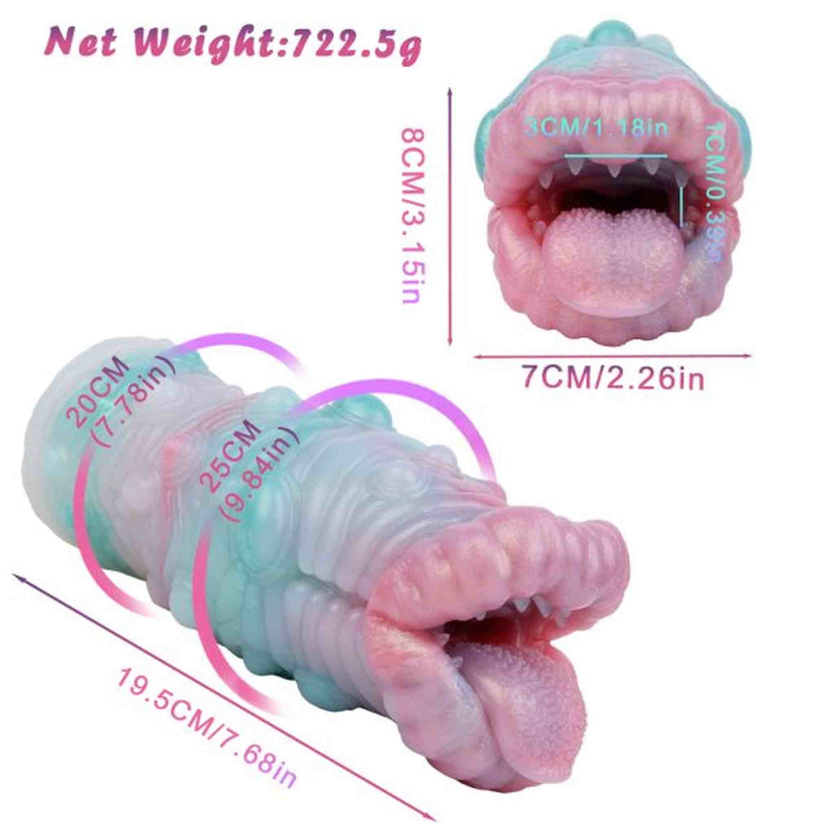 Misure tecniche toy silicone liquido peso netto 722.5g vista frontale e laterale