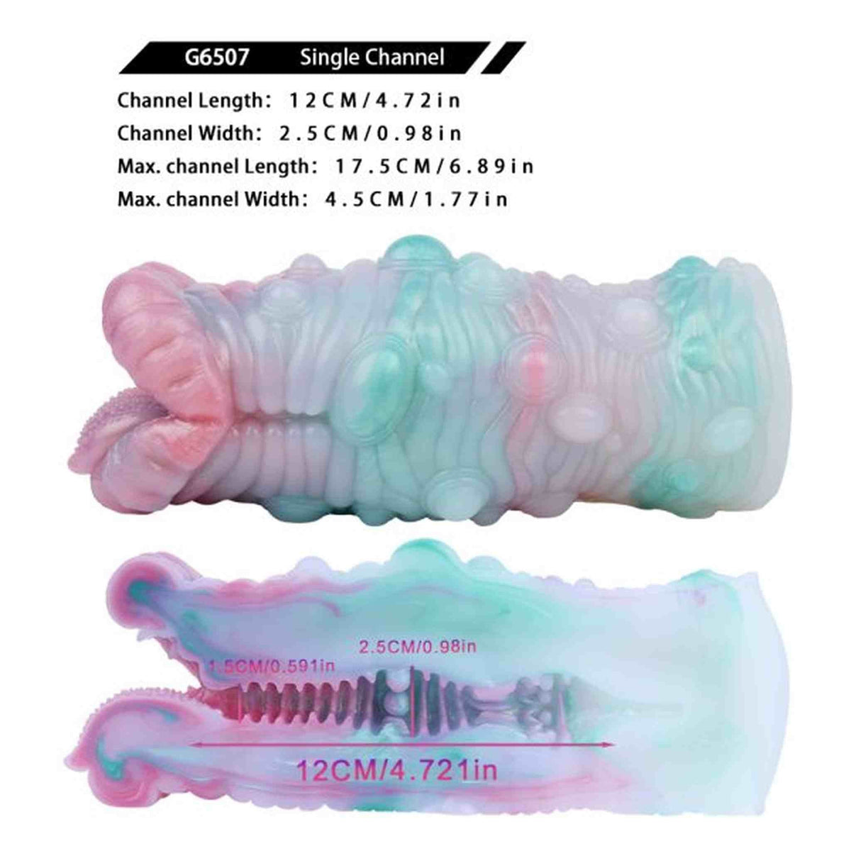 Vista laterale toy silicone canale singolo dimensioni 12 cm sezione interna schema