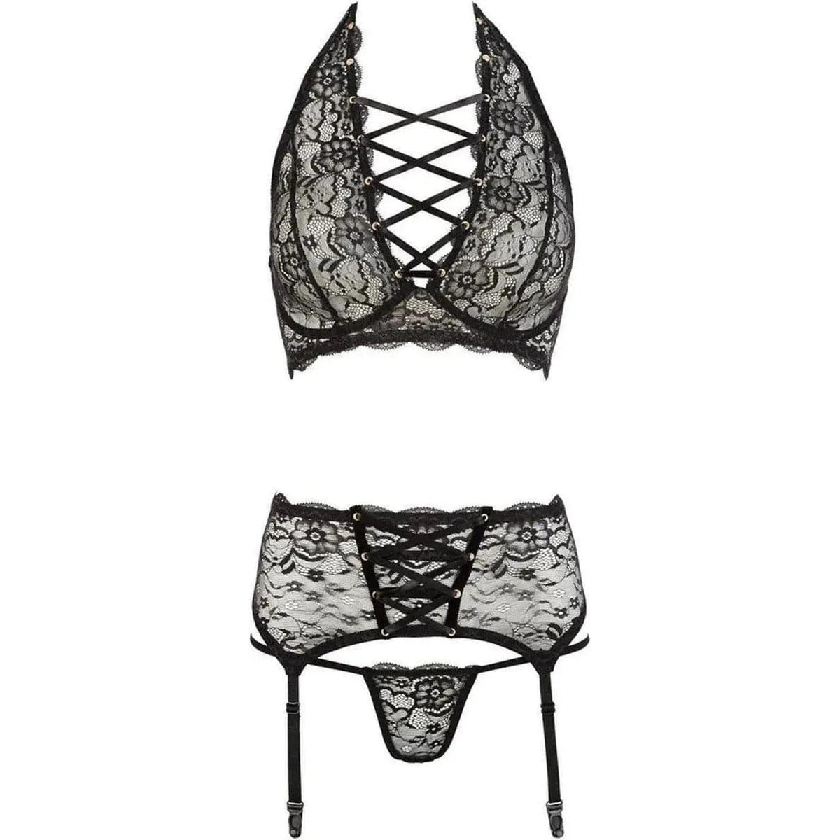 Set lingerie nera pizzo con top scollo V incrociato e cintura reggicalze