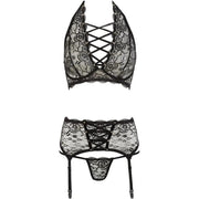 Set lingerie nera pizzo con top scollo V incrociato e cintura reggicalze