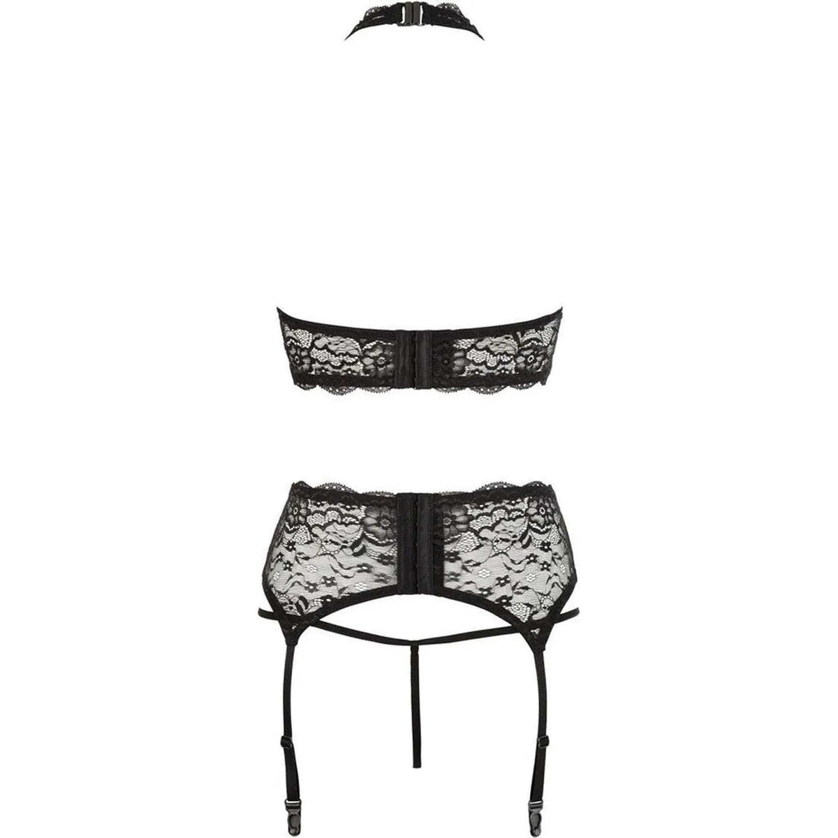 Dettaglio retro completino intimo nero pizzo senza spalline e chiusura centrale