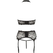 Dettaglio retro completino intimo nero pizzo senza spalline e chiusura centrale