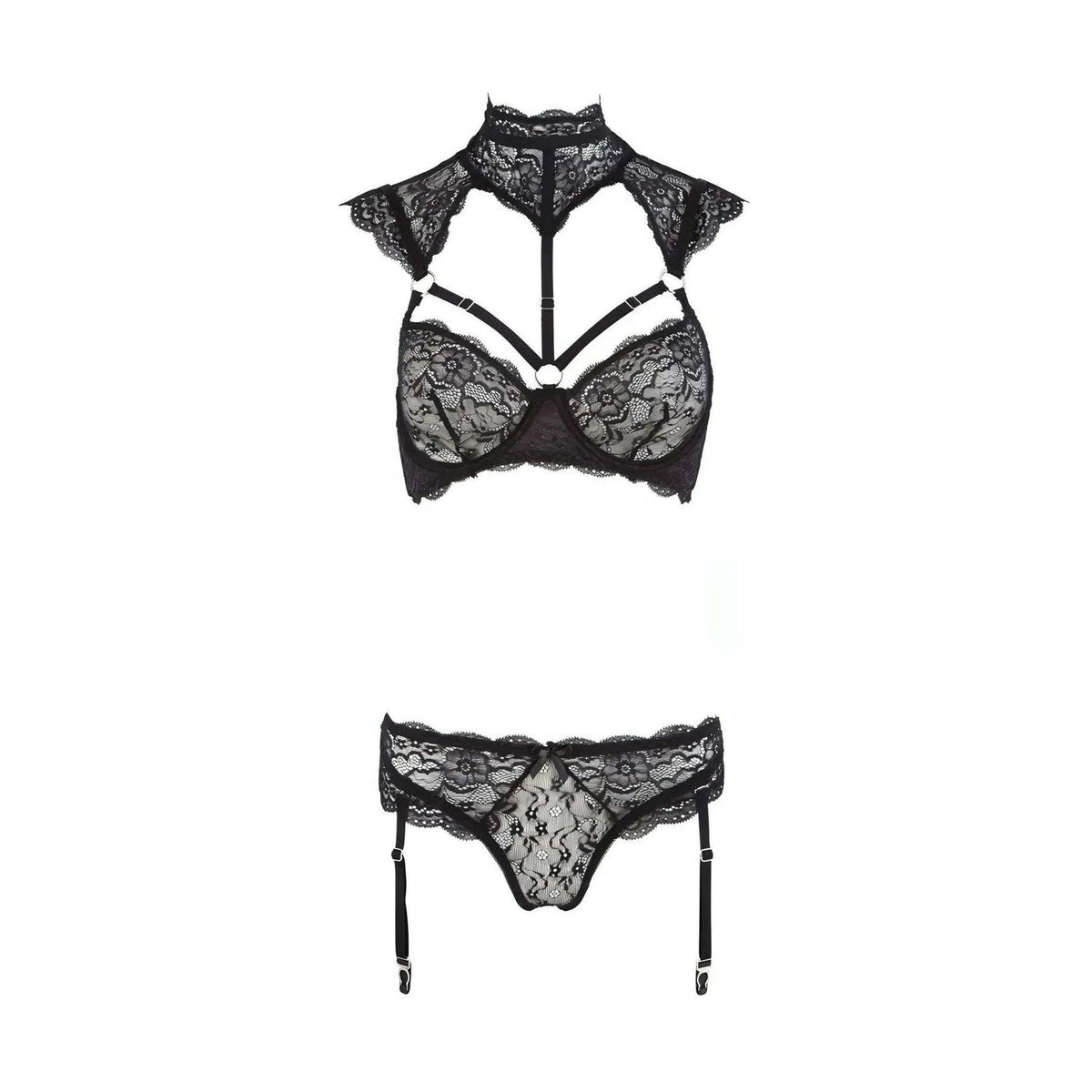 Reggiseno balconcino e mutandine pizzo nero floreale vista frontale
