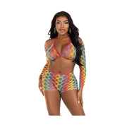 Reggiseno triangolo e top maniche lunghe in rete elastica multicolore per party