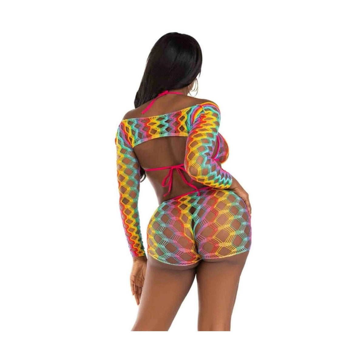 Retro completo lingerie rete multicolore con top maniche lunghe e lacci rosa