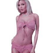 Completo intimo rosa in pizzo floreale con reggiseno balconcino e mutandine vita alta