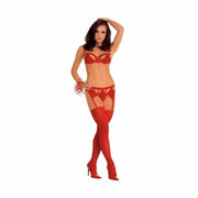 Completino intimo rosso 3 pezzi donna con reggiseno balconcino, perizoma e calze a rete