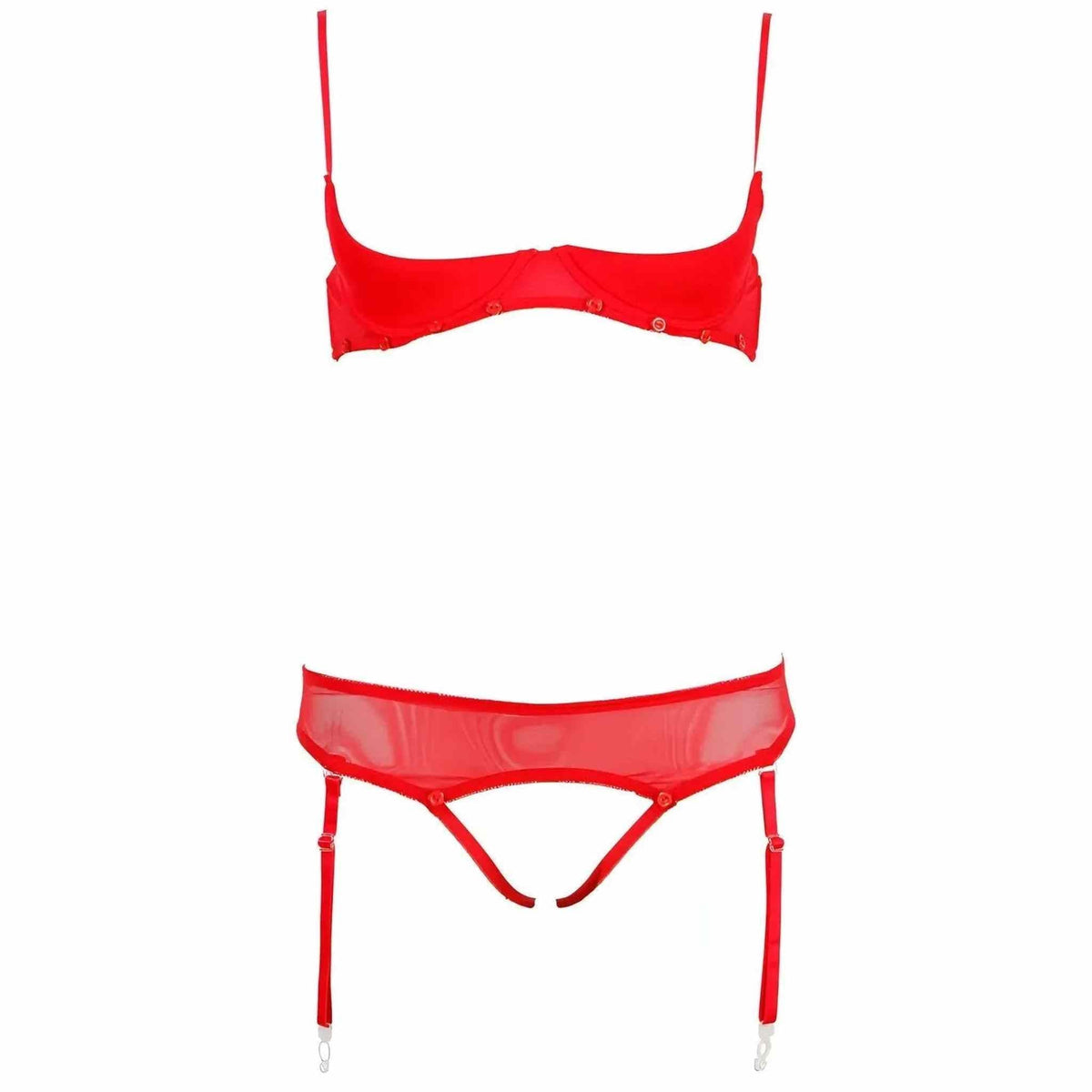 Completo intimo rosso vista dall'alto con reggiseno bottoni dorati e cintura gancio