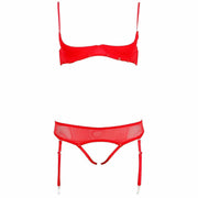 Completo intimo rosso vista dall'alto con reggiseno bottoni dorati e cintura gancio