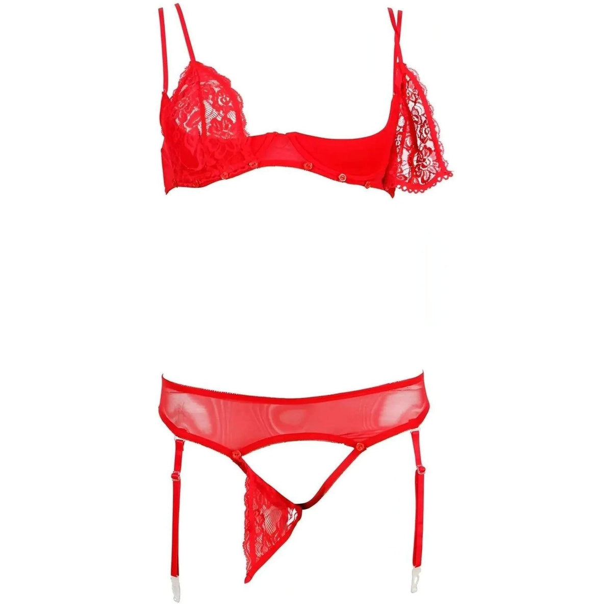 Completino intimo rosso donna con reggiseno pizzo, mutandine gancio e calze rosse
