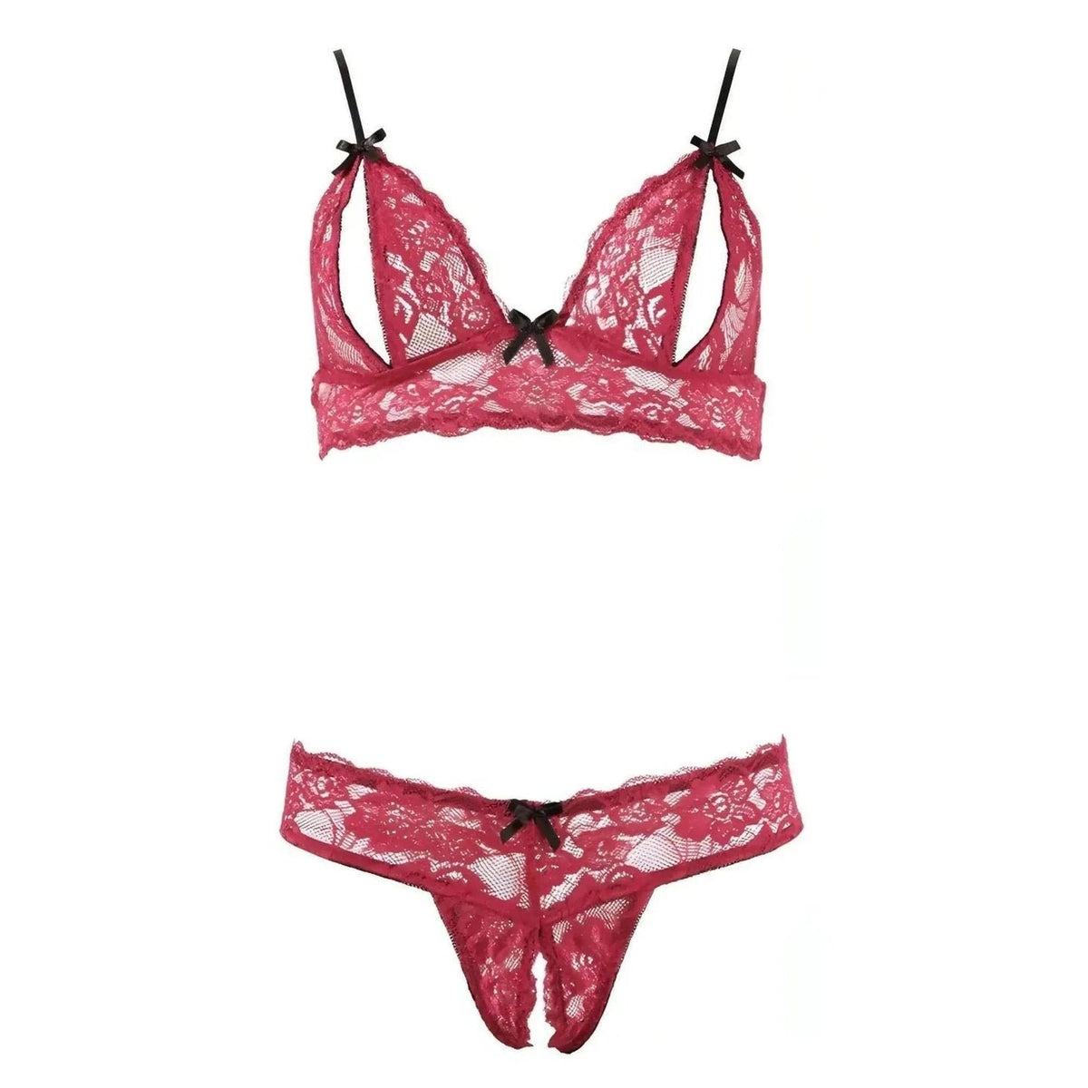 Reggiseno e perizoma pizzo rosso vinaccia motivo floreale dettaglio nero