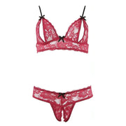 Reggiseno e perizoma pizzo rosso vinaccia motivo floreale dettaglio nero