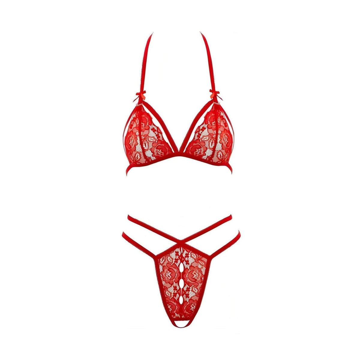 Completo intimo rosso in pizzo floreale con reggiseno balconcino e tanga a fasce incrociate
