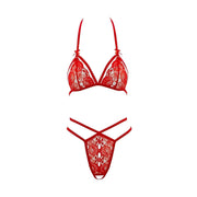 Completo intimo rosso in pizzo floreale con reggiseno balconcino e tanga a fasce incrociate