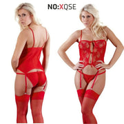 Vista frontale e posteriore completino rosso lingerie donna body pizzo con logo NO:XQSE