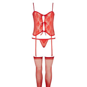 Set lingerie rossa 4 pezzi corpo pizzo fiocco centrale con slip reggicalze e calze opache