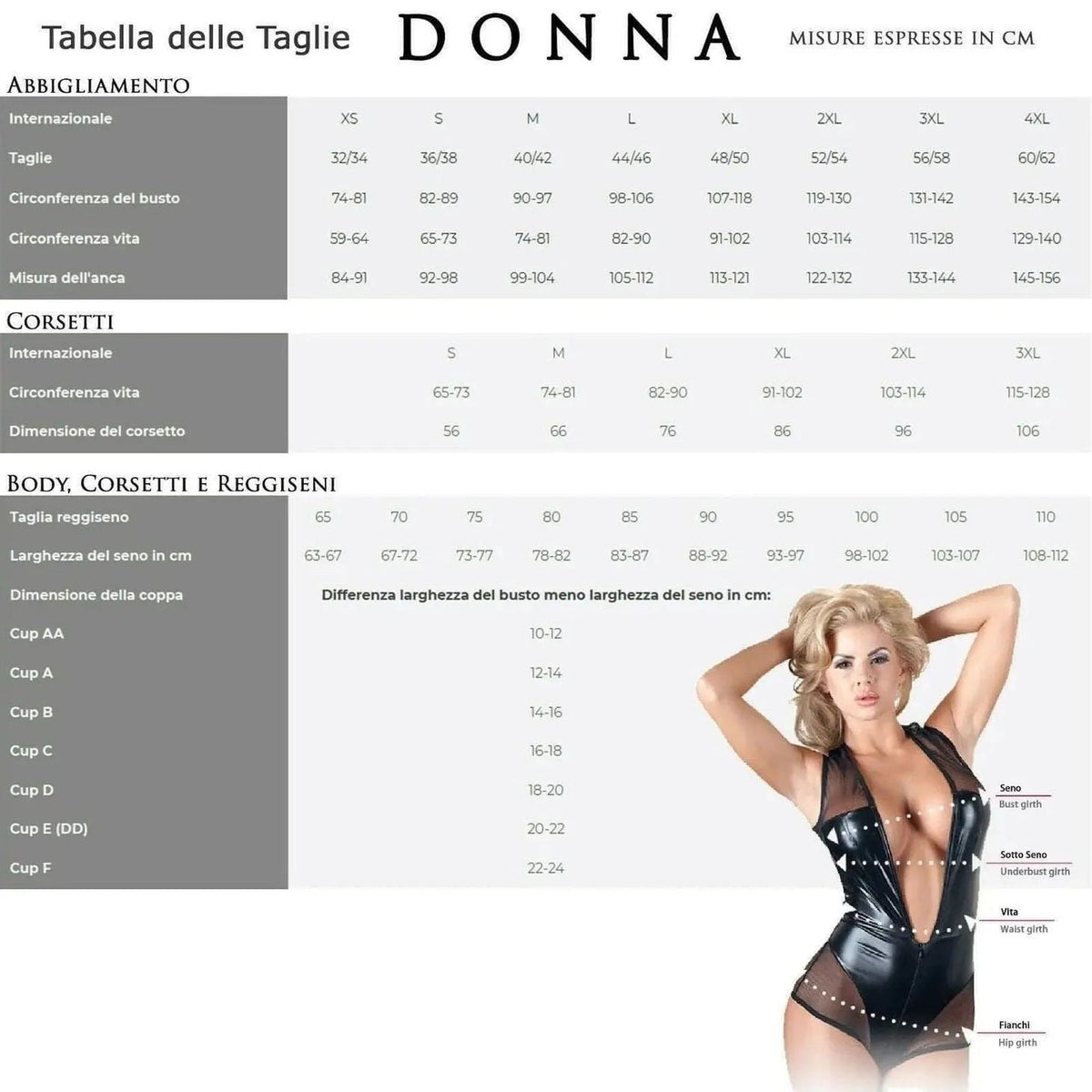 Tabella taglie lingerie donna misure in cm per body corsetto e reggiseno