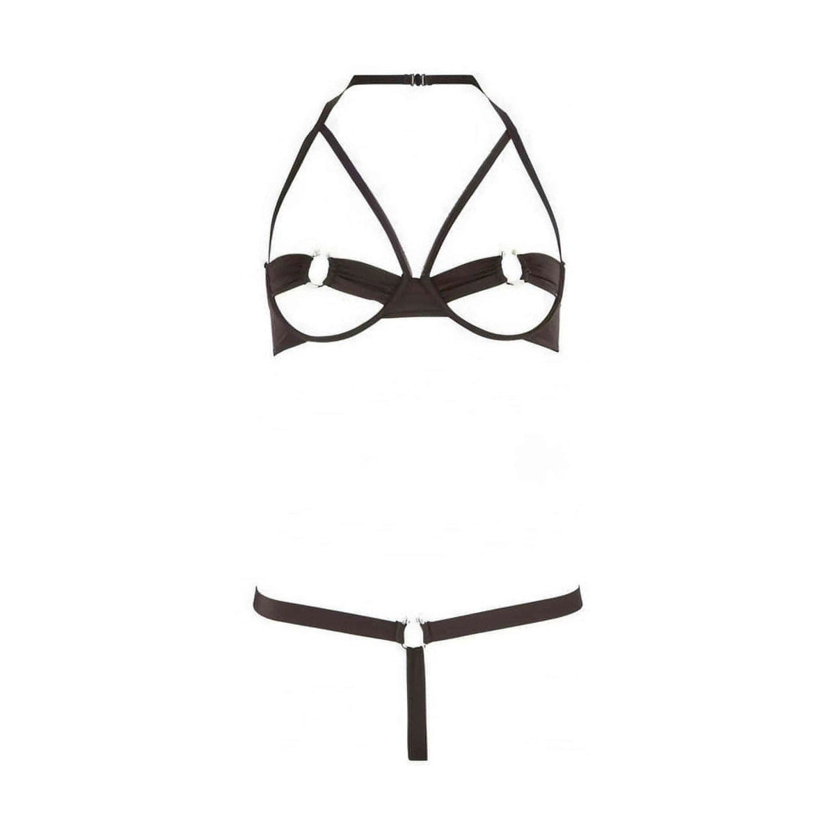 Completino intimo nero donna vista piatta balconcino con anelli metallici e thong