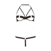 Completino intimo nero donna vista piatta balconcino con anelli metallici e thong